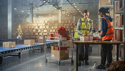 Obraz premium Warehouse Workers Packing Holiday Gift Boxes In Distribution Center During Seasonal Period