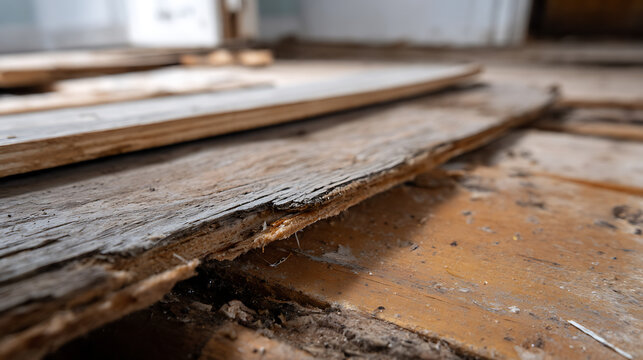 Close up view of damaged, rotten, warped wood floorboards and subflooring needing repair or replacement, detail shot