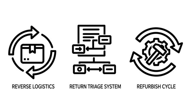 Reverse logistics and supply chain management icons with logistics refurbish management shipping operations business commerce delivery distribution handling inventory optimization analysis