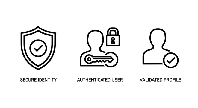 Identity authentication and security icon set with security identity authentication verification protection validation encrypted biometric password verified credential identification