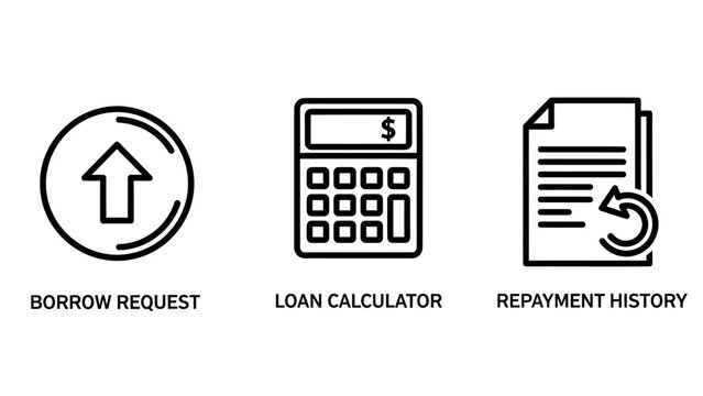 Financial loan process icons showing borrow request calculator repayment history with financial calculator repayment interest investment transaction management calculation business currency