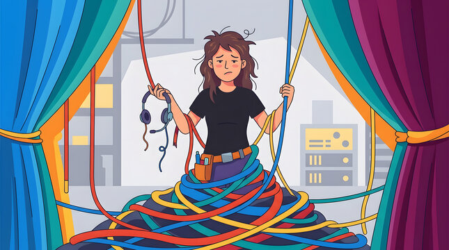 Work stress causing exhaustion for a technician tangled in cables
