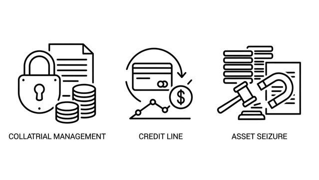 Financial asset seizure and collateral management icons with collateral management investment security protection transaction business property confiscation foreclosure financial interest