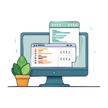 Illustration of computer screen displaying code and a potted plant