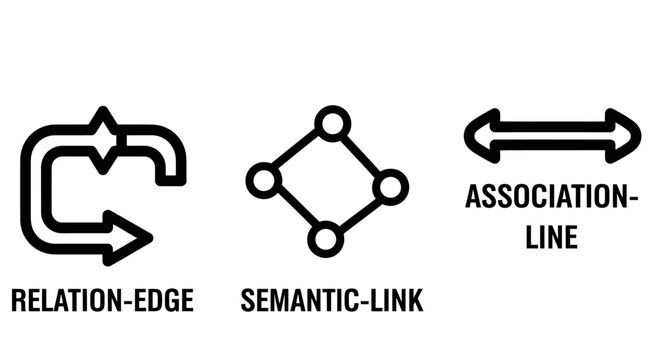 Set of conceptual relationship and network flow outline icons illustrating relation edge semantic link and association line with connections relations structure association semantic communication