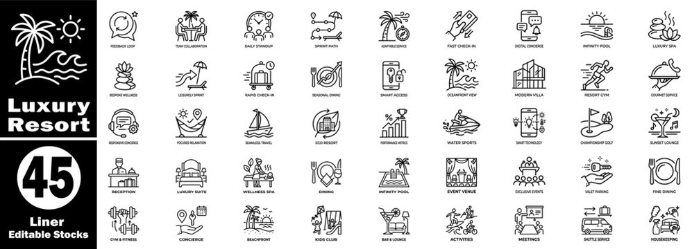 Luxury resort liner icons, editable stock vector set, modern outline symbols of beach and travel, vacation and relaxation, hotel services.
