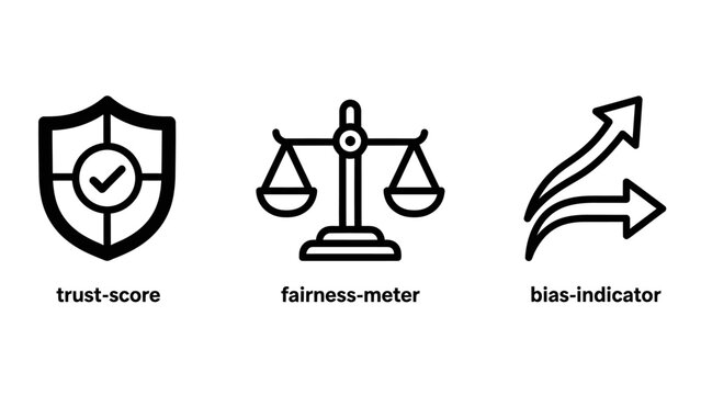 Line icon set for trust score fairness meter bias indicator to represent ethical data evaluation and social transparency fairness indicator evaluation transparency integrity management