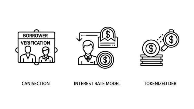 Finance and banking service icons including borrower verification interest rate model and tokenized debt with borrower verification interest tokenized investment security identity currency