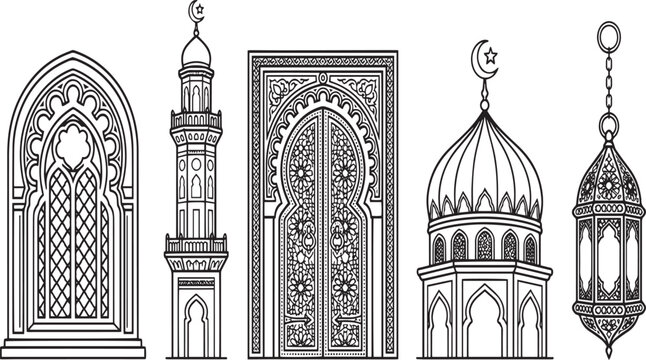 Islamic Mosque Architecture and Ramadan Lantern Line Art Vector Set
