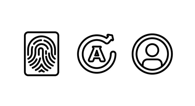 Security and authentication outline icons representing fingerprint identification account resetting and personal user profile access with fingerprint authentication security biometric identity