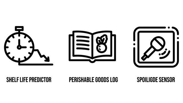 Data monitoring and food quality control icons featuring shelf life predictor perishable goods log and spoilage sensor predictor perishable spoilage monitoring logistics management document