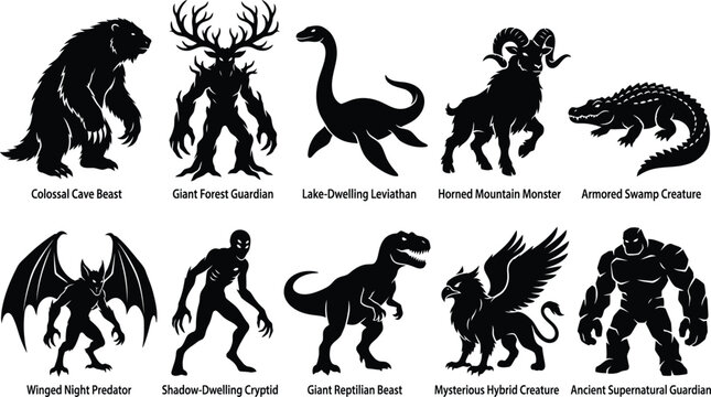 Mythical creature silhouette icons fantasy beast vector set