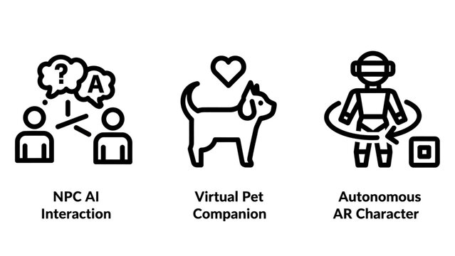 Future tech icons displaying npc AI interaction virtual pet companion and autonomous ar character with character interaction augmented artificial intelligence companion technology metaverse