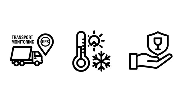 Logistics and temperature monitoring icons set with logistics monitoring transport temperature tracking protection security shipping delivery thermometer snowflake distribution warehousing