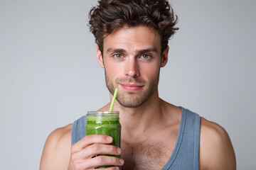 Fototapeta premium Fit man holding green smoothie with straw promoting healthy lifestyle and confident expression