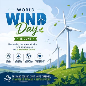 World wind day celebration banner with large wind turbines in a green landscape, sustainable
