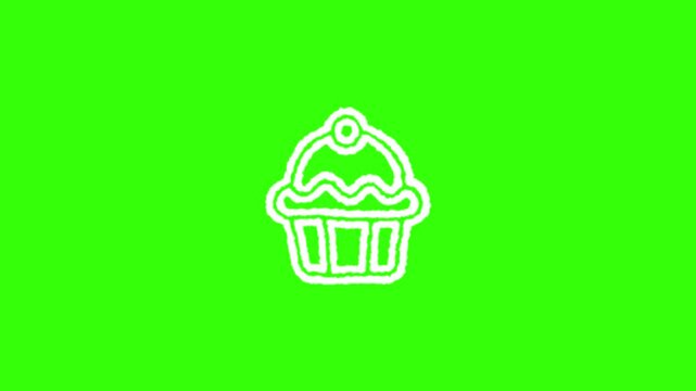 Animated hand drawn cute cupcake with cherry on top, white line art sketch on green screen background.