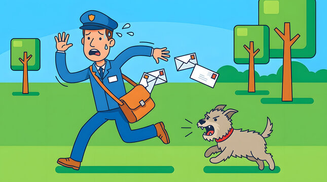 Work stress for a postman being chased by a barking dog in a park