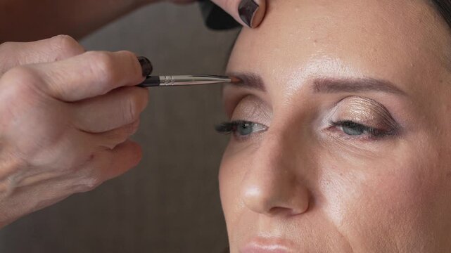 Eyebrow, makeup, woman professional makeup artist applies eyebrow shadows with a brush to a female client's eyebrows in a beauty studio
