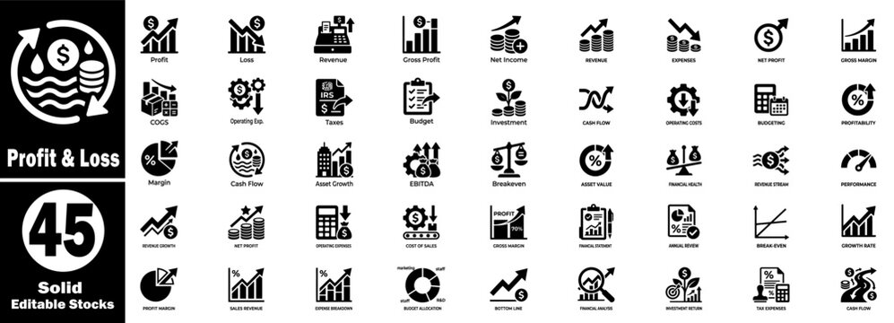 Profit and loss solid icon set. Features financial performance metrics, revenue growth, expense management, and budgeting icons.