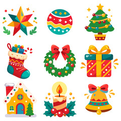 Naklejka premium Cute Christmas vector icon set featuring a star, bauble, tree, stocking, wreath, gift, gingerbread house, candle, and bell. Perfect festive holiday clipart.