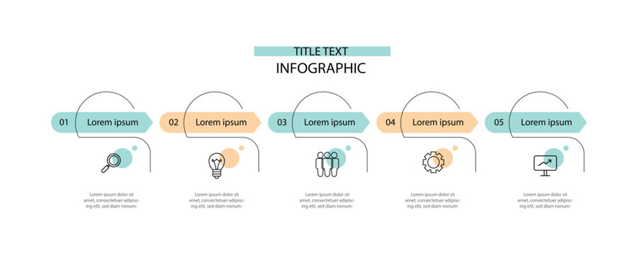 Business graphic information. Timeline infographic with 5 step process. Workflow layout, diagram presentation graphic 