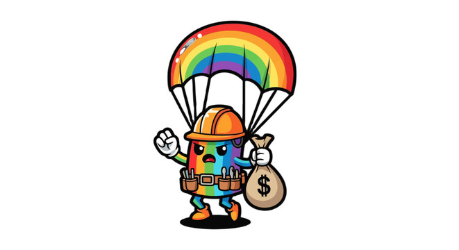 Colorful cartoon character parachuting with money bag.