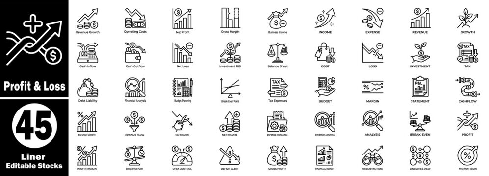Profit and loss minimal liner icon set. Contains financial reporting, revenue tracking, cost reduction, and budget planning art.