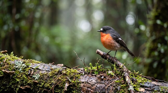 Australian Robin Perched on a Mossy Branch in the Forest Setting