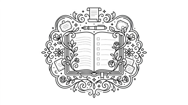 Open book with pen and scroll surrounded by decorative elements.