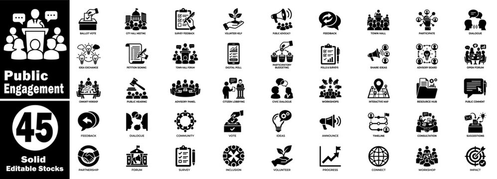 Public engagement solid icon set. Featuring ballot vote advocacy, community forum, interactive map, and inclusion symbols design.
