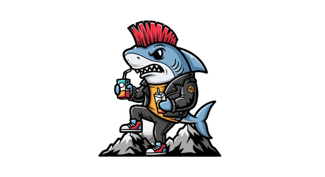 Punk Rock Cartoon Shark Drinking Soda Can Illustration.