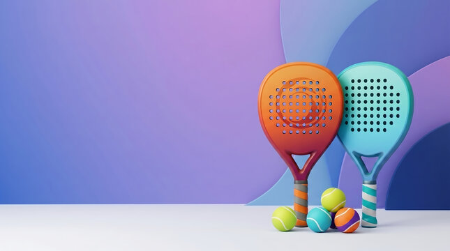 Colorful paddleball rackets and balls arranged vibrantly in dynamic modern sports illustration