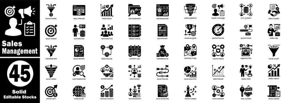Sales management vector icons. Solid editable stocks, business, and finance symbols.