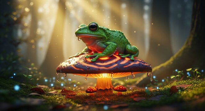 Enchanting Forest Scene with a Frog on a Glowing Mushroom.