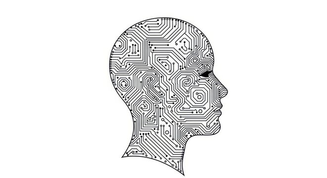 Cybernetic human head, robotic brain, futuristic illustration, metallic texture