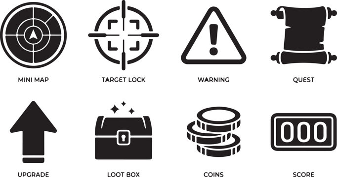 Gaming icons set, 8 black vector symbols, UI elements, game development assets