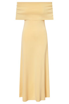 Pale yellow off-shoulder maxi dress for summer fashion and evening events