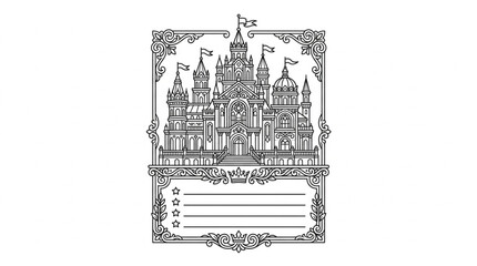 Ornate Black and White Castle Illustration with Decorative Border. © Ibrahim