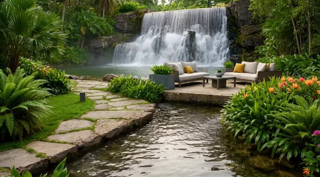 Luxury outdoor lounge with modern sofas and coffee table set near a magnificent cascading waterfall in a tropical garden