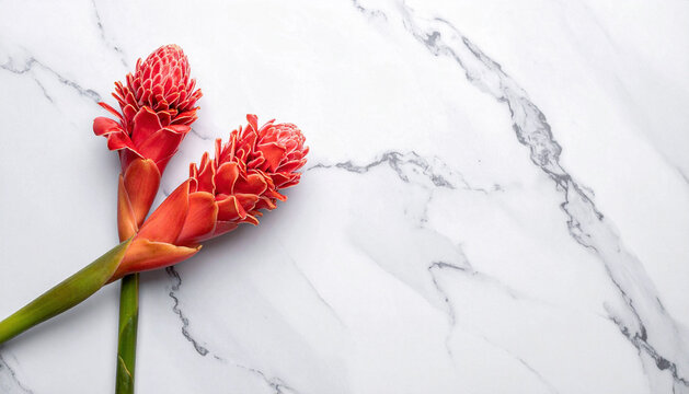 Fresh Pink Torch Ginger Flower on White Marble Background with Copy Space