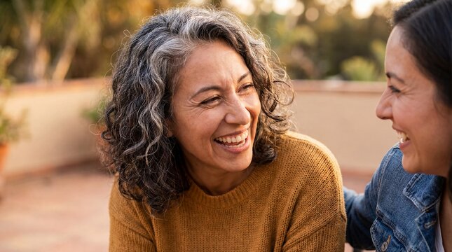 mental health wellness mixed race woman smiling support soft clinical detail personal recovery concept friends sharing laughter suggests social connection moral support aging well and emotional