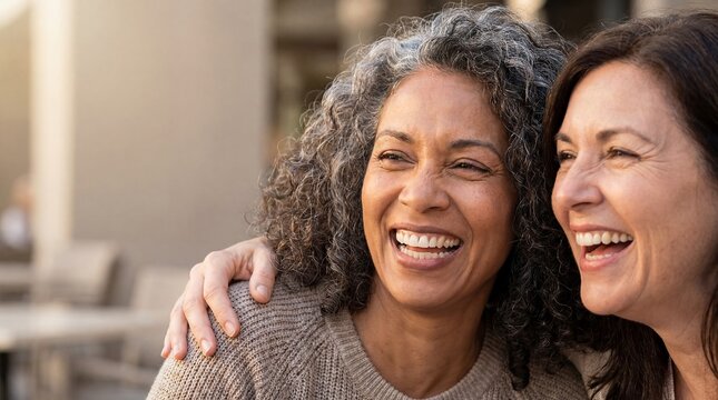 mental health wellness mixed race woman smiling support intimate realistic moment compassionate care context friends sharing laughter suggests social connection moral support aging well and emotional