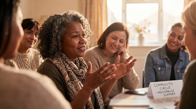 mental health wellness menopause support group women community wide lifestyle perspective compassionate care context women listening in circle show peer support midlife health advocacy shared