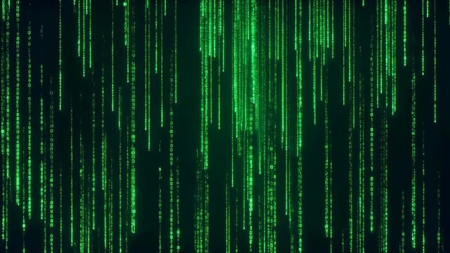 Green binary code rain animation. Represents digital technology, data flow, and the essence of the information age
