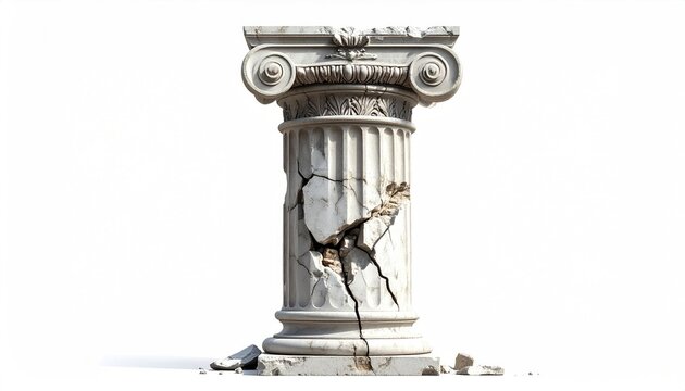 Crumbling marble column with Ionic capital, showing significant damage and debris
