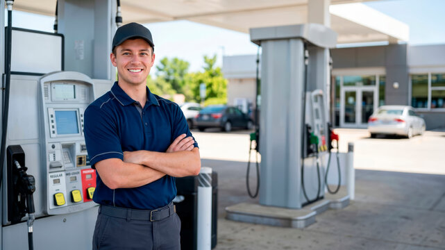 A staff member stands proudly at a gas station, smiling while wearing a cap and uniform. Fuel pumps are visible behind him, and cars can be seen in the background during the day