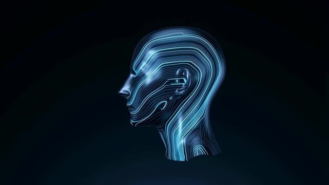 Futuristic digital head silhouette with glowing lines representing artificial intelligence and technology. Symbolizes innovation, creativity, and the future of human-computer interaction