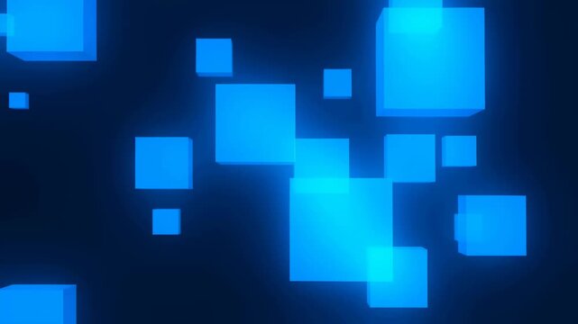 Abstract blue glowing cubes floating in a dark background. Represents digital technology, innovation, and modern design aesthetics