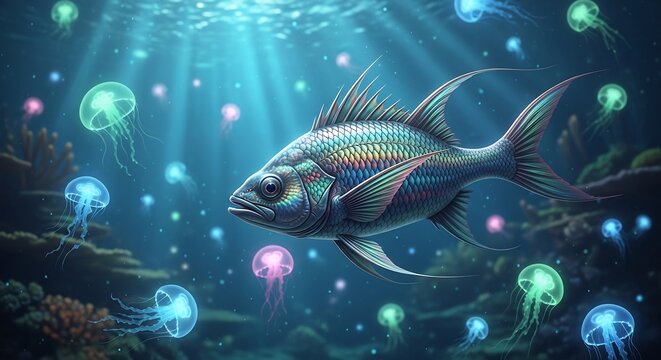 Vibrant Underwater Scene with a Majestic Fish and Bioluminescent Jellyfish.